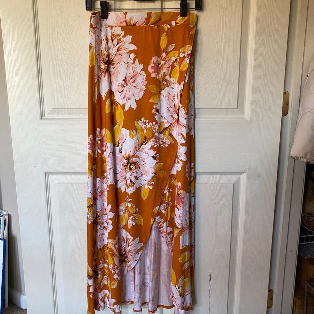 Floral Wrap Maxi Skirt in Rust and Pink